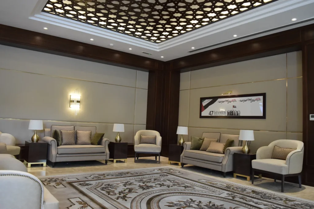 A zoom-in on the UAE celebration mural and seating corner, emphasizing national pride