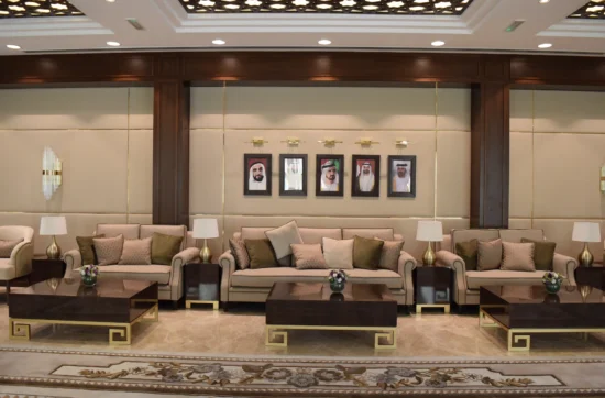 Highlights the framed artworks of UAE leaders and their elegant wall mount lighting